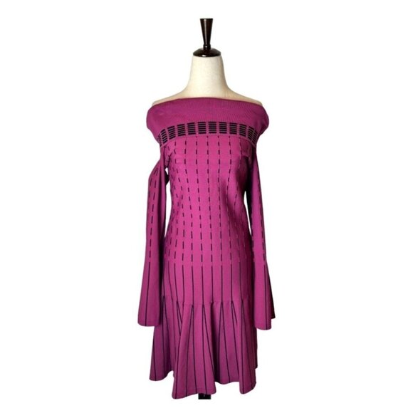 Prabal Gurung Collective Dress Womens 6 Purple Knit Stripe Off The Shoulder Mini - Picture 2 of 10